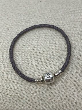 Pandora 925 Sterling Silver & Braided Purple Leather Charm Bracelet | 7.8” L